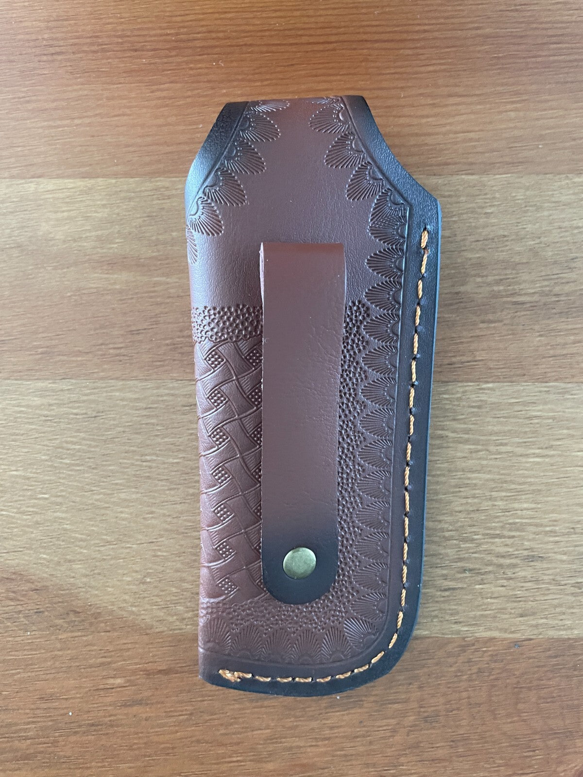 4.4 in. Brown Leather Pocket Knife Sheath with Belt Holder Hand Made Spain