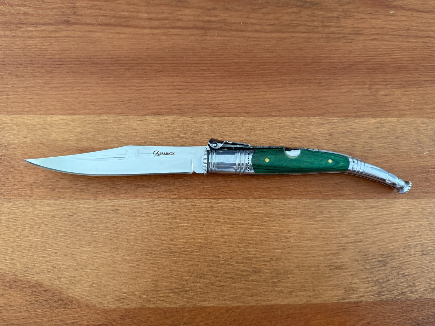 4.13” Spanish Navaja Serrana Ratchet Folding Knife Green Stamina Wood Scales
