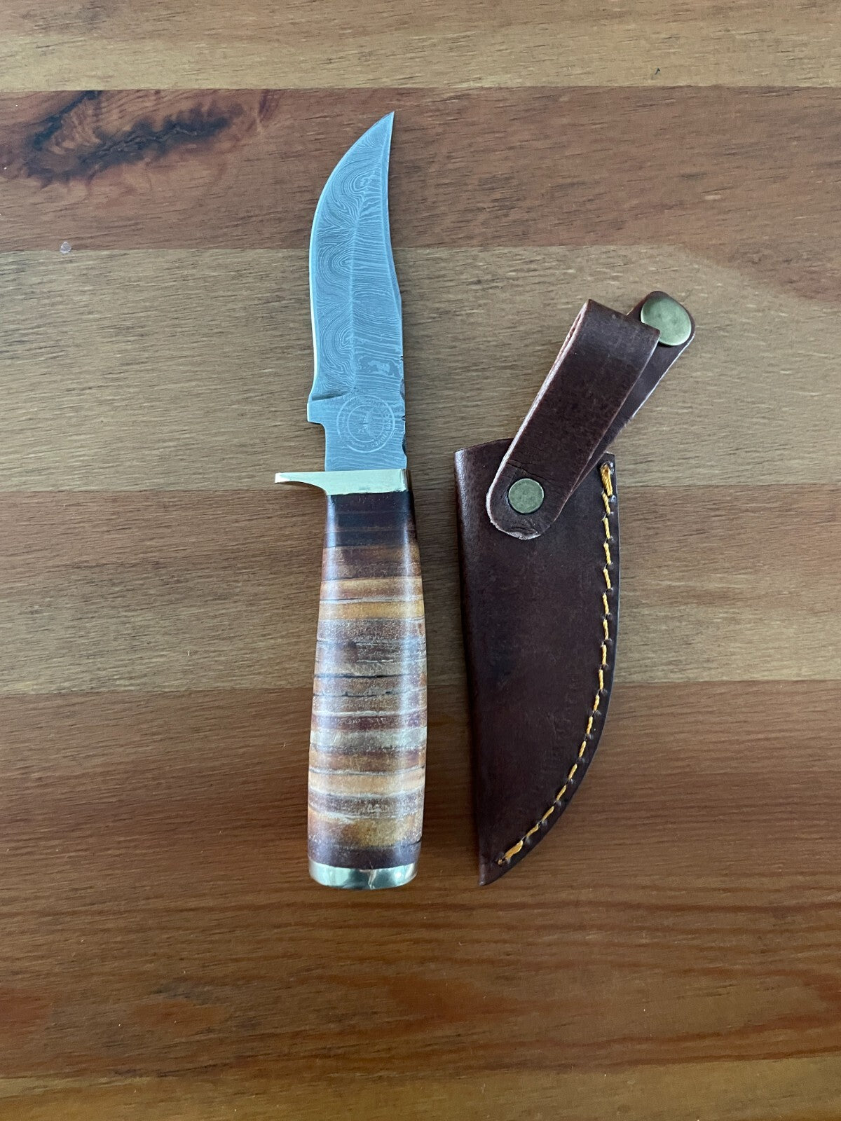 3.7 in. Handmade Damascus Steel Hunting Knife Bone Handle Leather Sheath