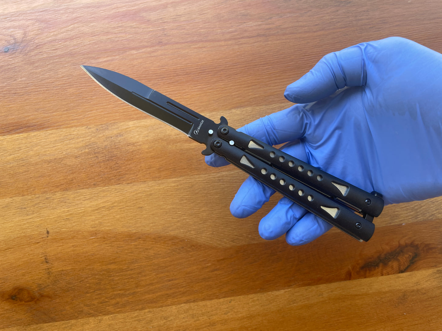 4" Black Stainless Blade Fan Knife Black Aluminum Handle Sword Point