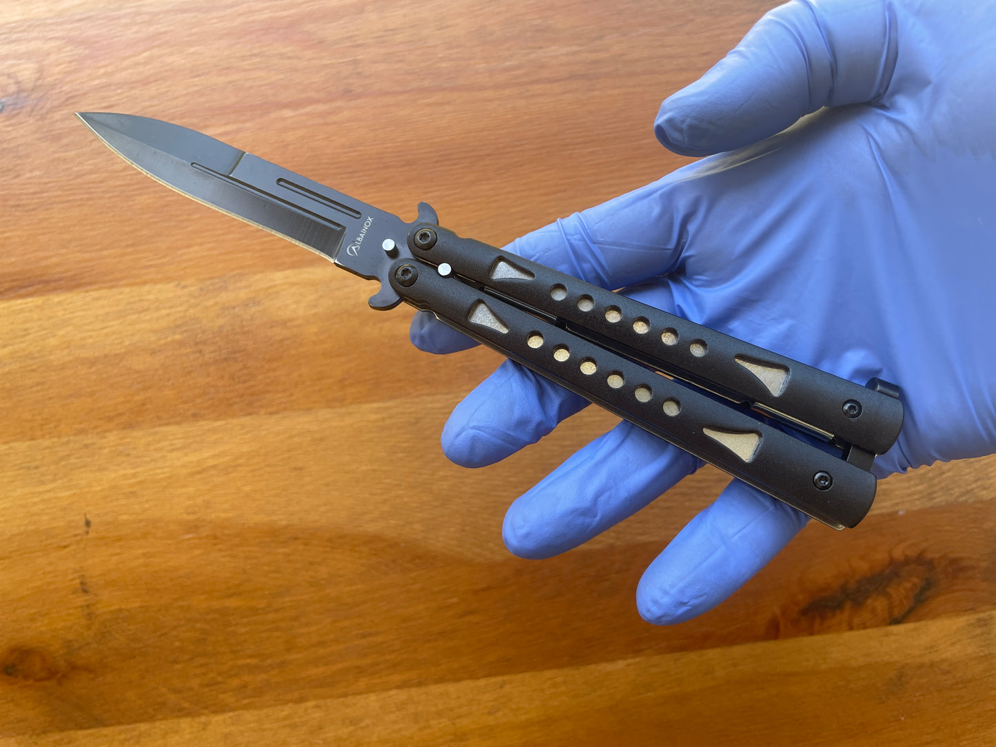 4" Black Stainless Blade Fan Knife Black Aluminum Handle Sword Point