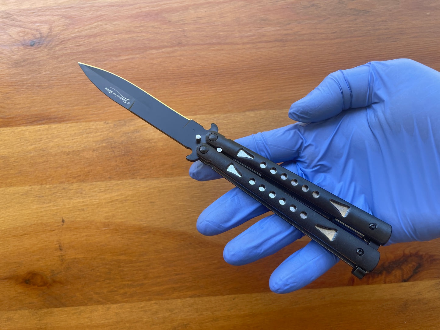 4" Black Stainless Blade Fan Knife Black Aluminum Handle Sword Point