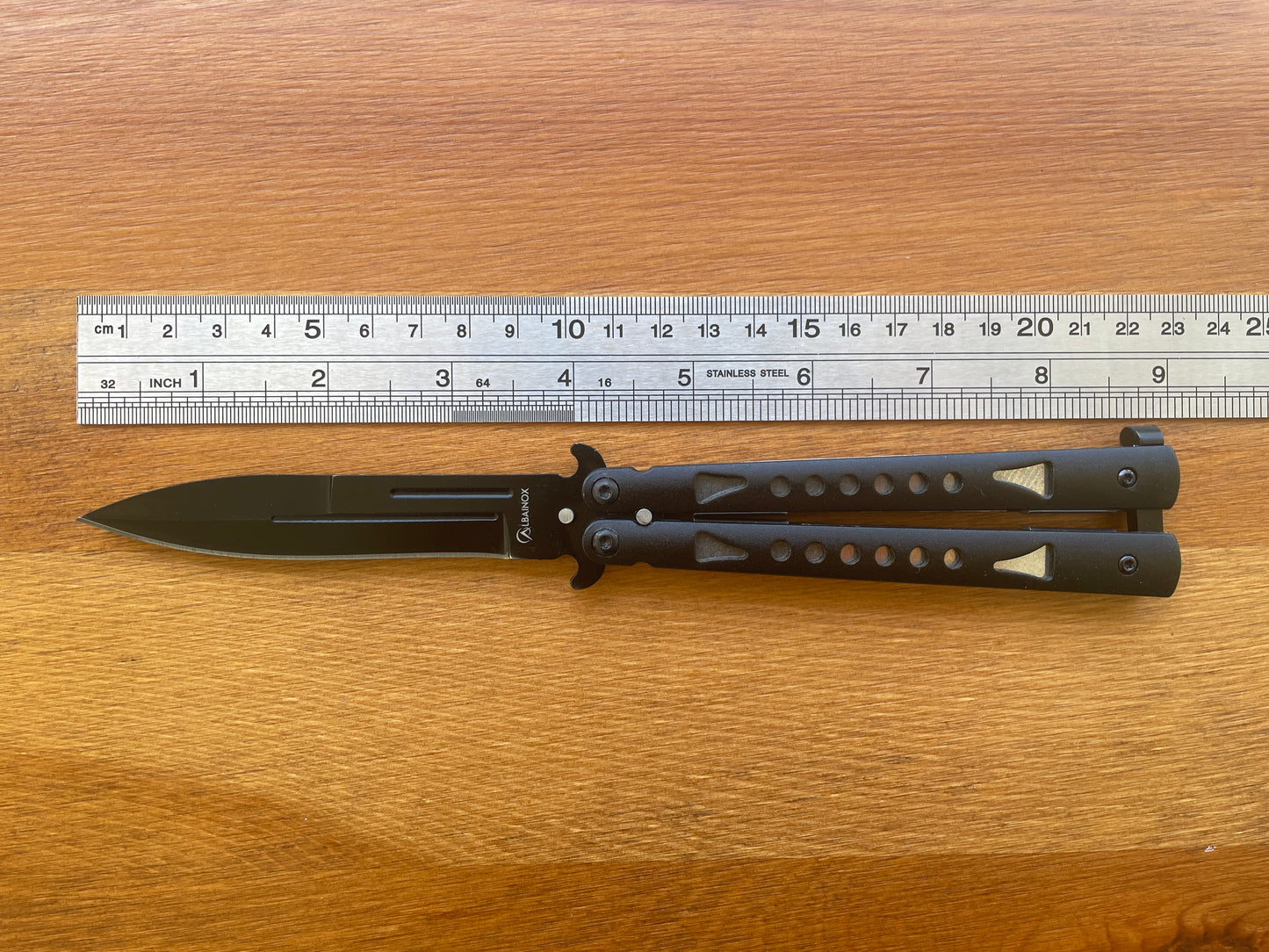 4" Black Stainless Blade Fan Knife Black Aluminum Handle Sword Point