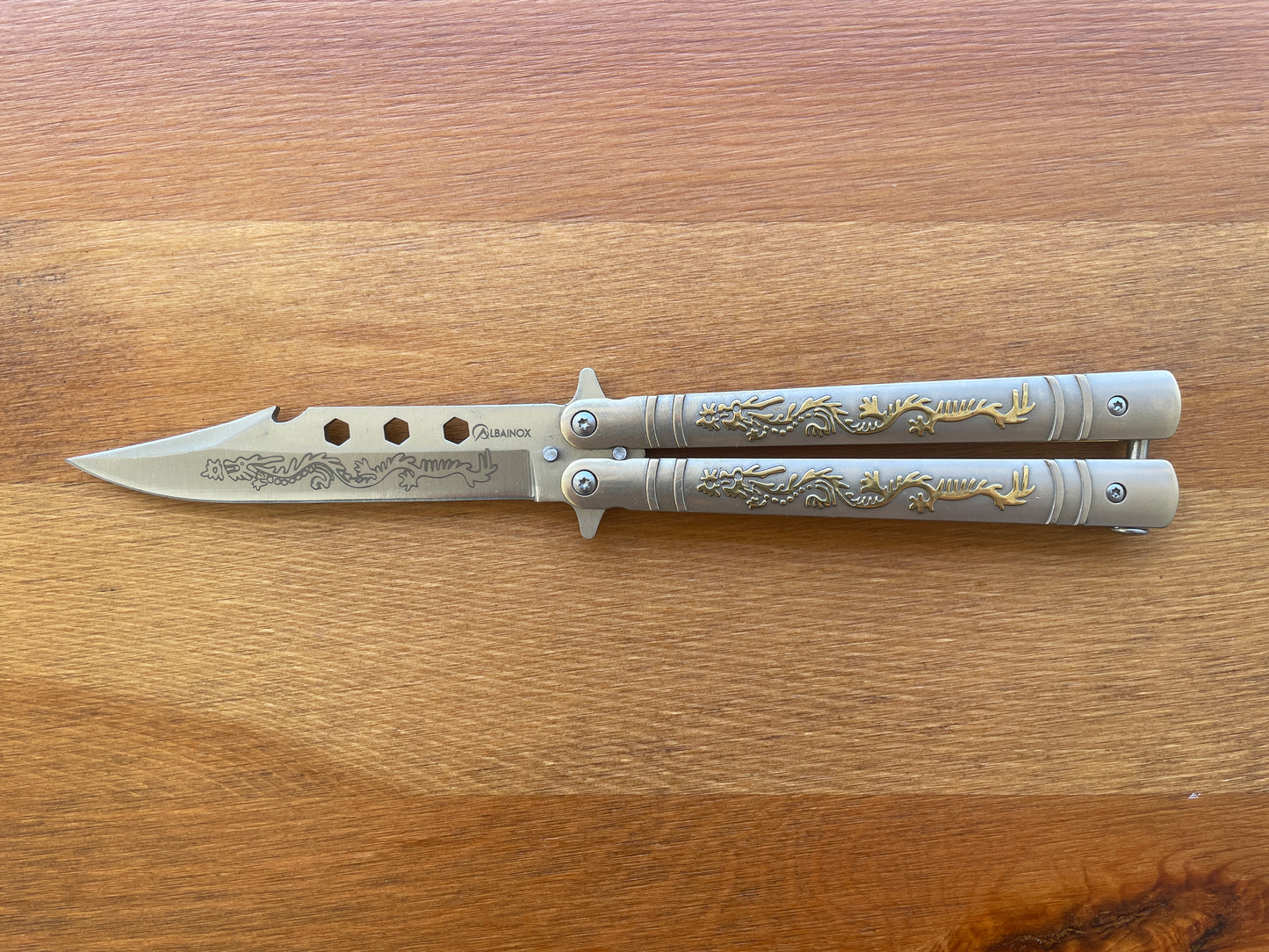 4.13" Fan Knife With Golden Decorated Handle and Sheath