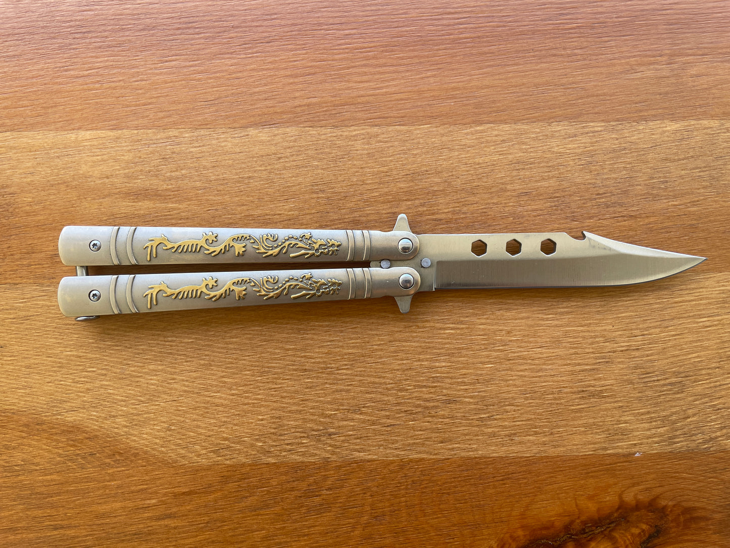 4.13" Fan Knife With Golden Decorated Handle and Sheath