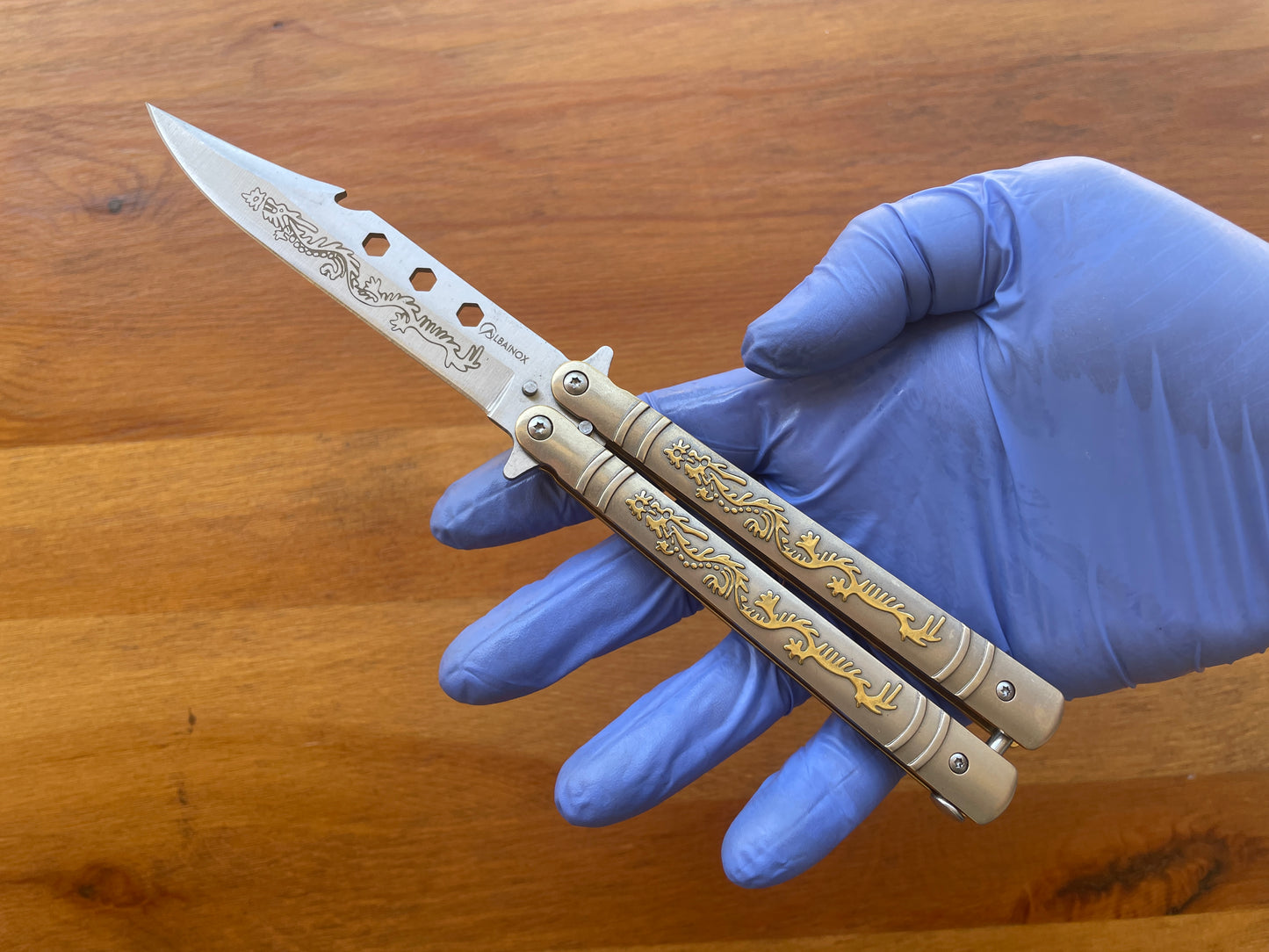 4.13" Fan Knife With Golden Decorated Handle and Sheath