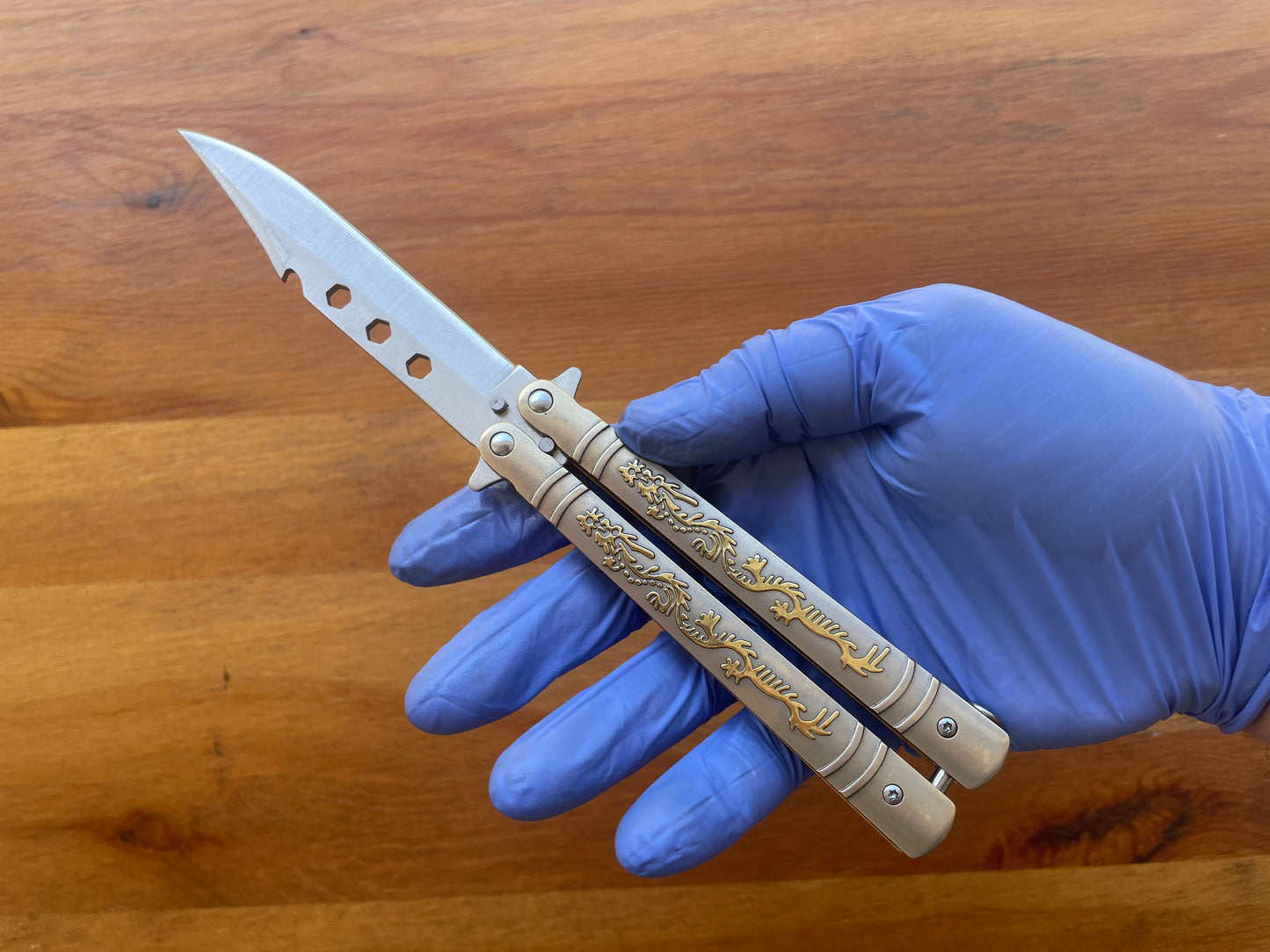 4.13" Fan Knife With Golden Decorated Handle and Sheath