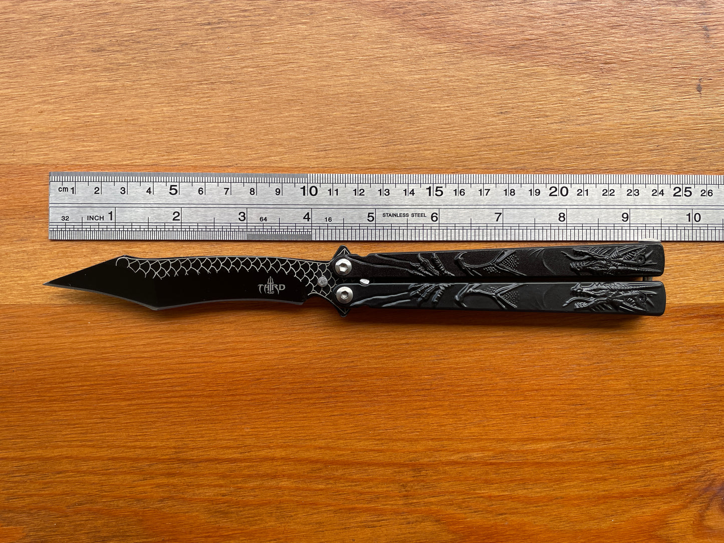 4.25" Black Finish Stainless Fan Folding Knife Dragon Decorated Handle