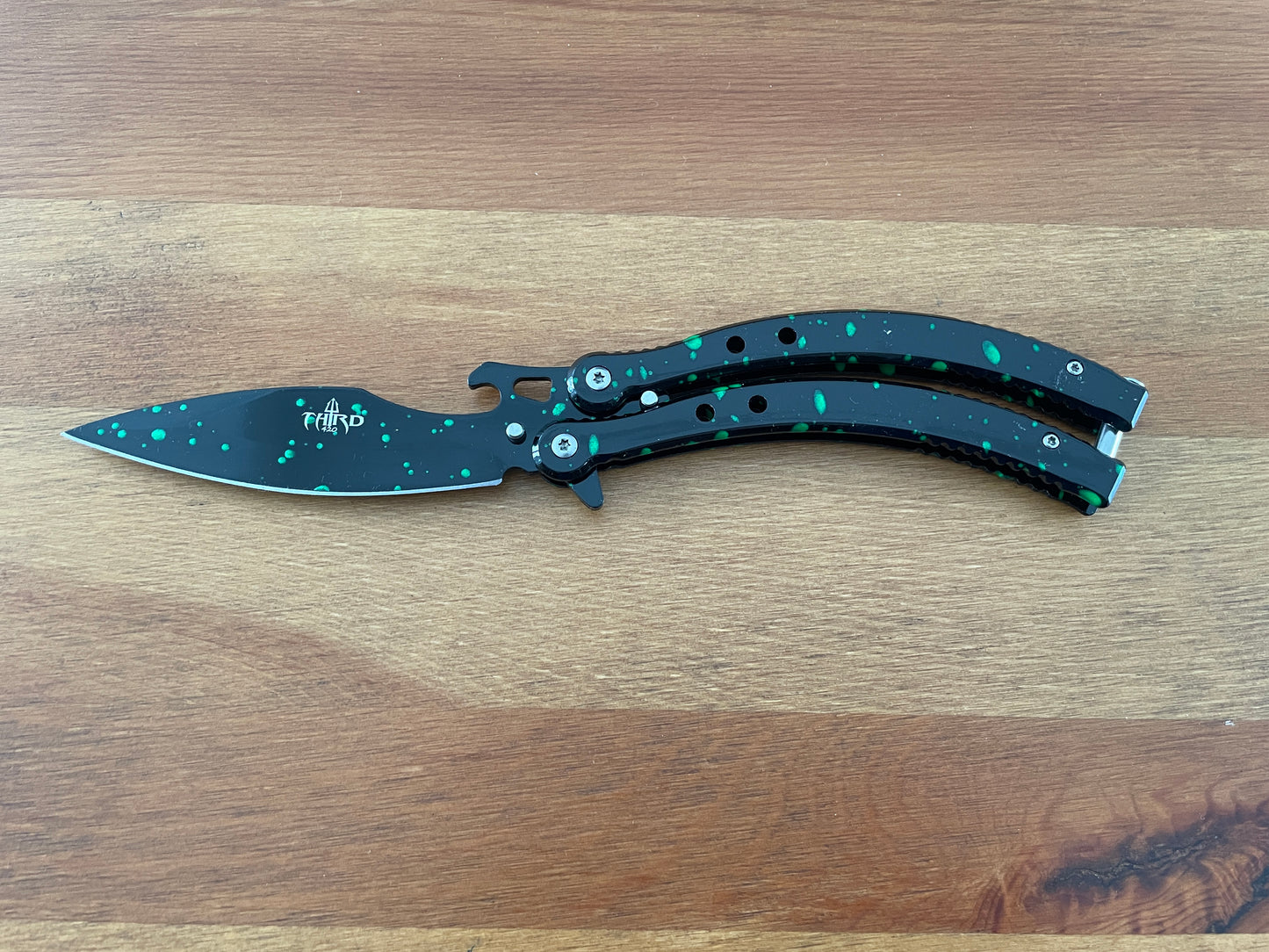 4.13" Stainless Steel Blade Folding Fan Knife Black Finish With Green Drops