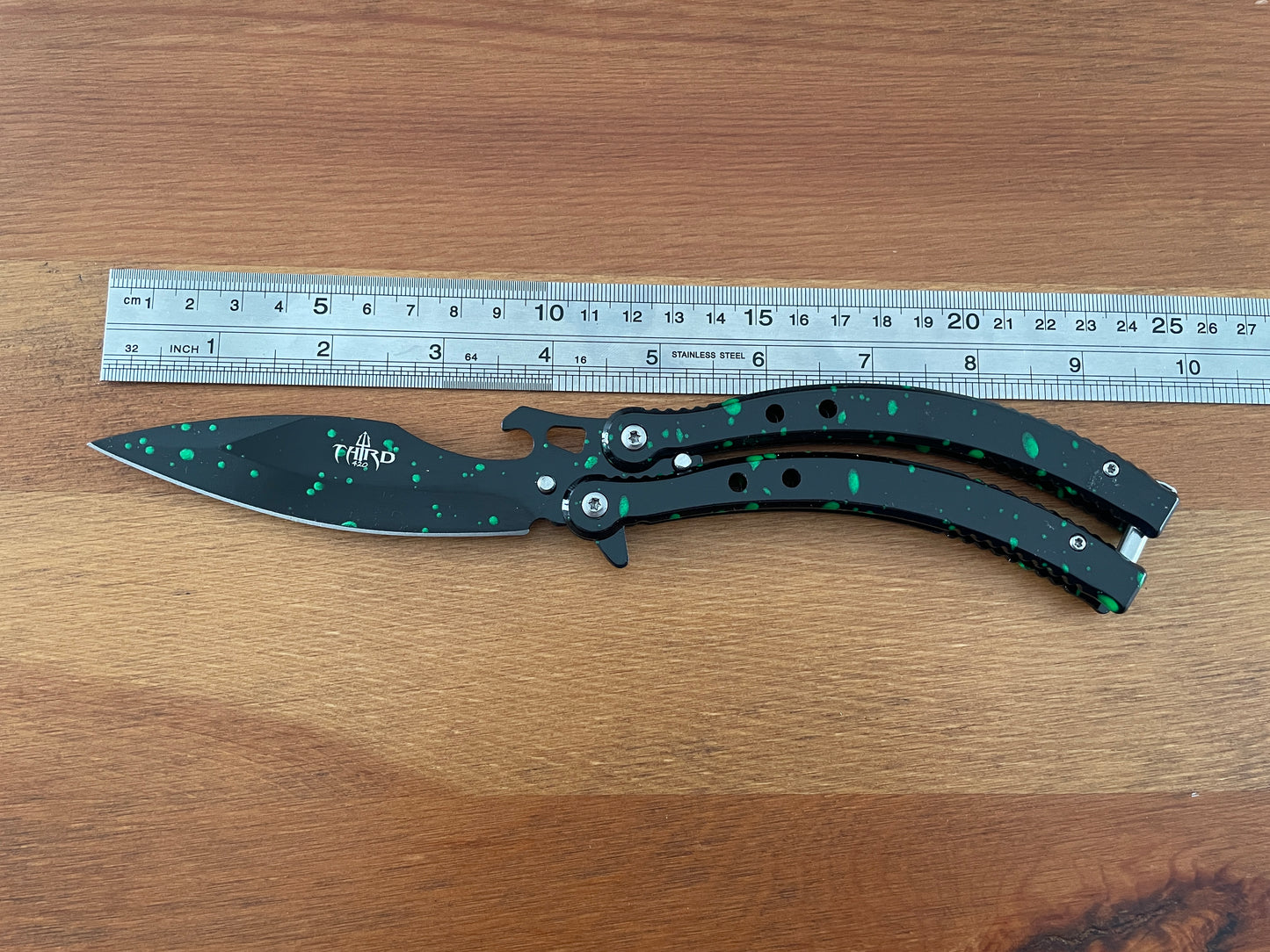 4.13" Stainless Steel Blade Folding Fan Knife Black Finish With Green Drops