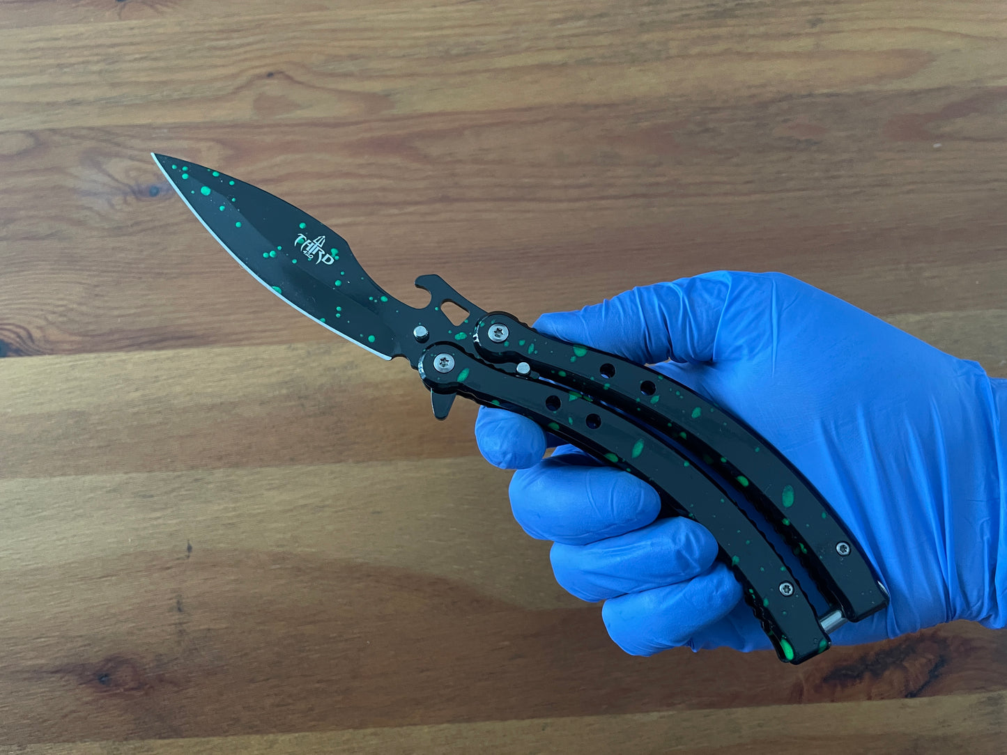 4.13" Stainless Steel Blade Folding Fan Knife Black Finish With Green Drops