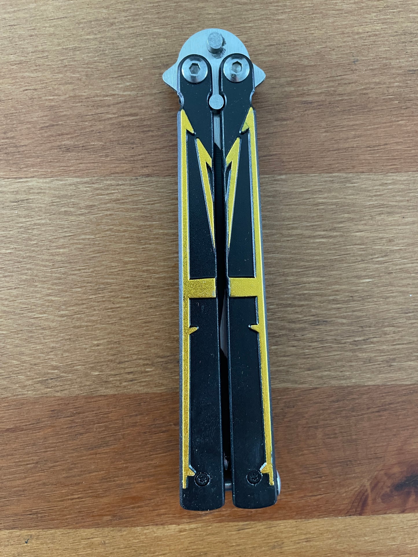 5" Steel Blade Black Cut Folding Fan Knife Black Aluminum Handle Yellow Trident