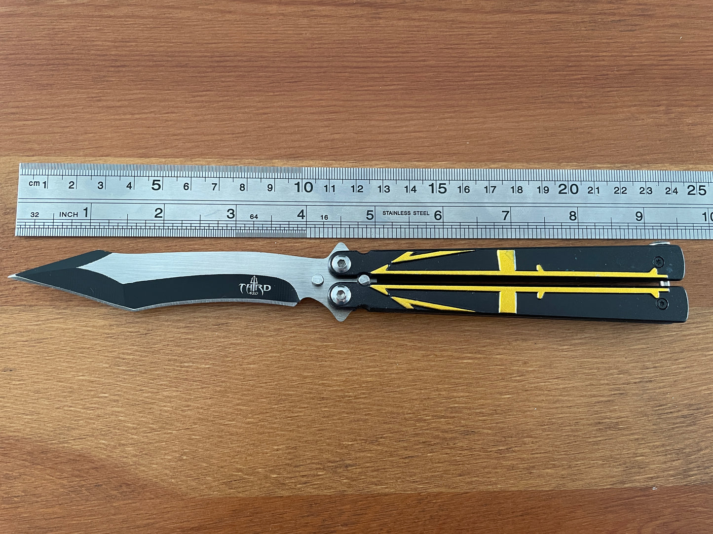 5" Steel Blade Black Cut Folding Fan Knife Black Aluminum Handle Yellow Trident