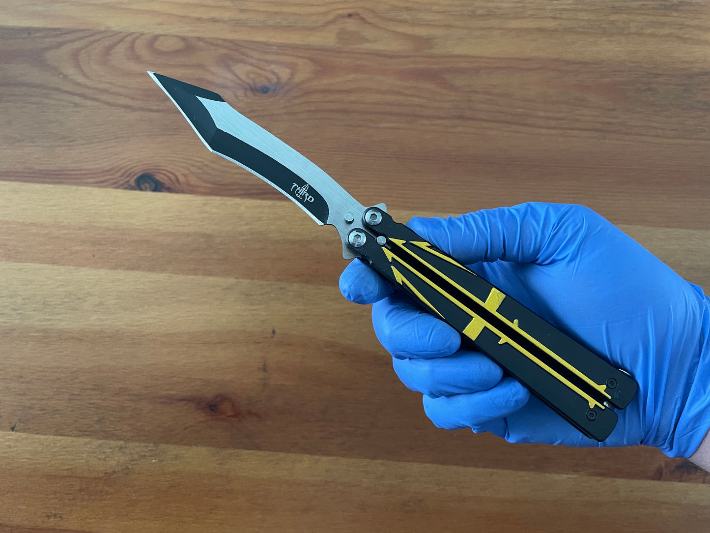 5" Steel Blade Black Cut Folding Fan Knife Black Aluminum Handle Yellow Trident
