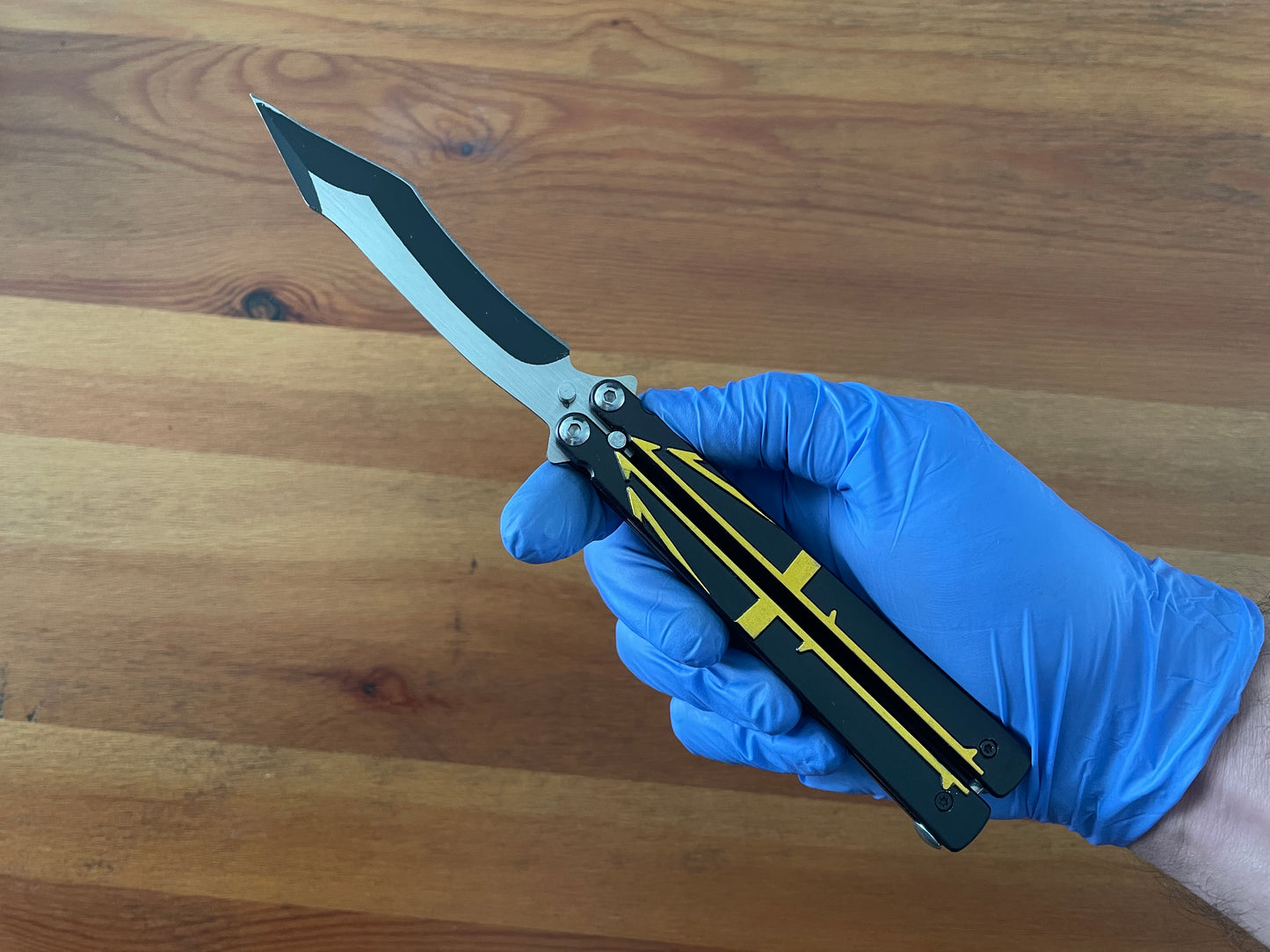 5" Steel Blade Black Cut Folding Fan Knife Black Aluminum Handle Yellow Trident
