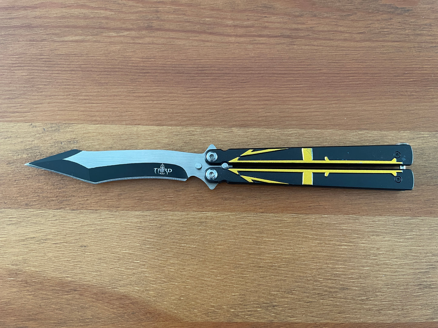 5" Steel Blade Black Cut Folding Fan Knife Black Aluminum Handle Yellow Trident