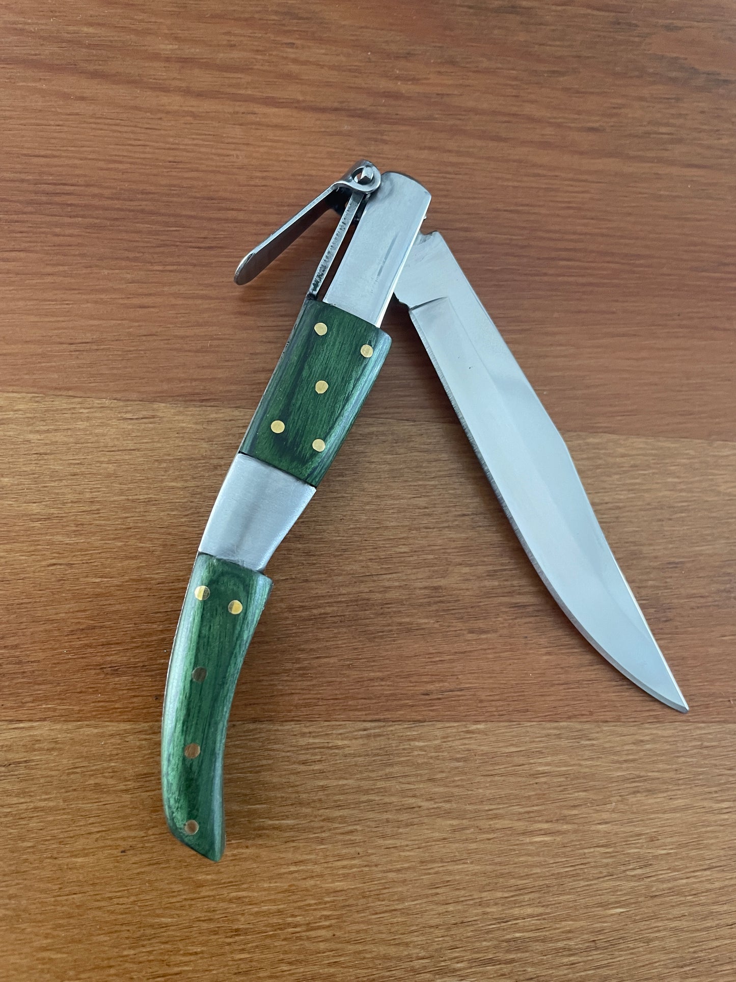 4” Arabian Folding Pocket Knife Green Wood and Steel Handle Navaja With Ratchet