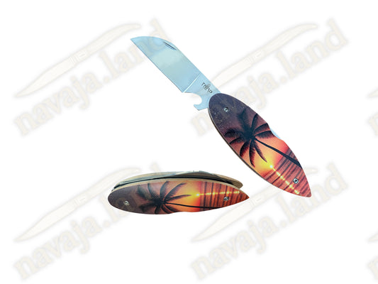 Surfboard “PALMERA” Pocket Knife – Beechwood Handle | Bottle Opener | Lockback