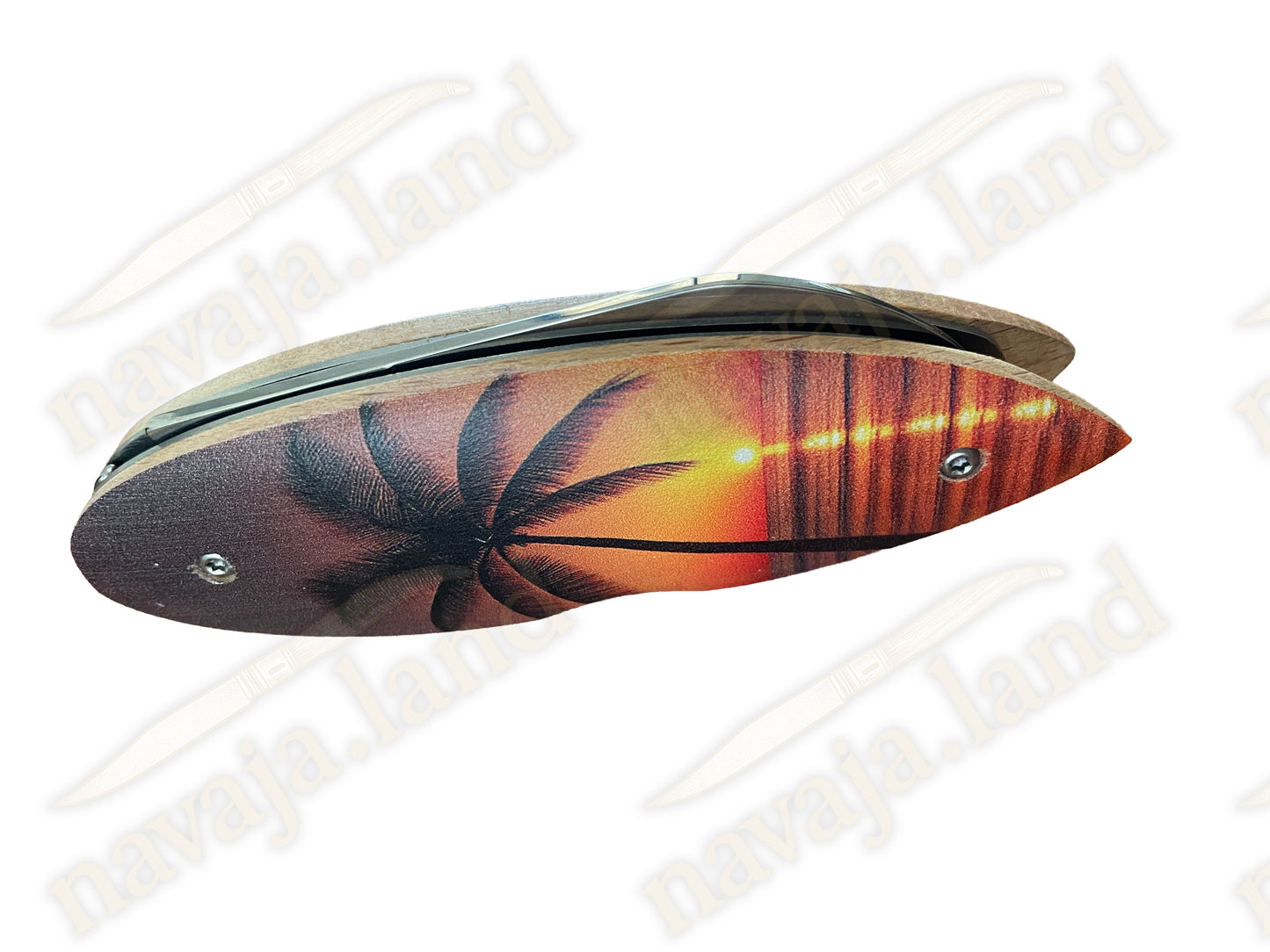 Surfboard “PALMERA” Pocket Knife – Beechwood Handle | Bottle Opener | Lockback
