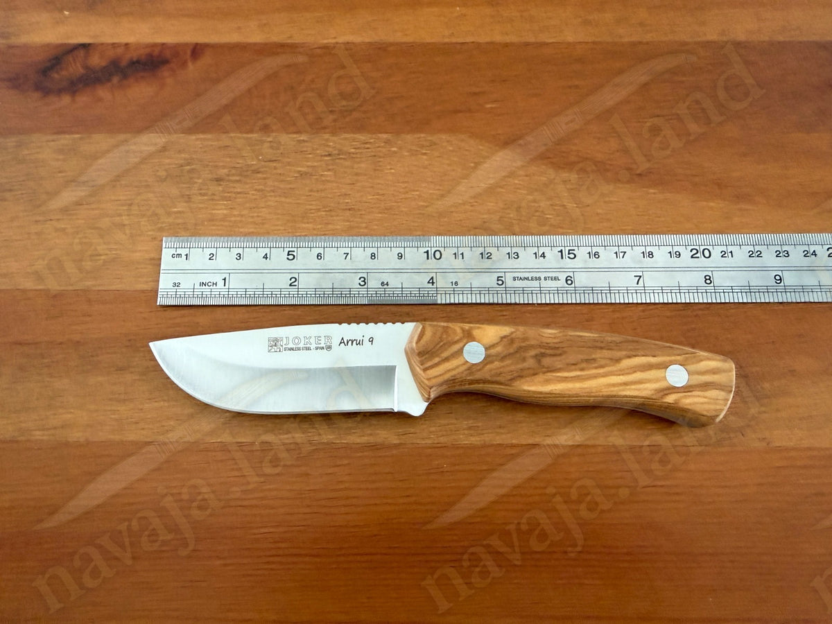 Joker Arrui 9 Outdoor Knife – 3.5” Blade | Olive Wood Handle | Leather Sheath