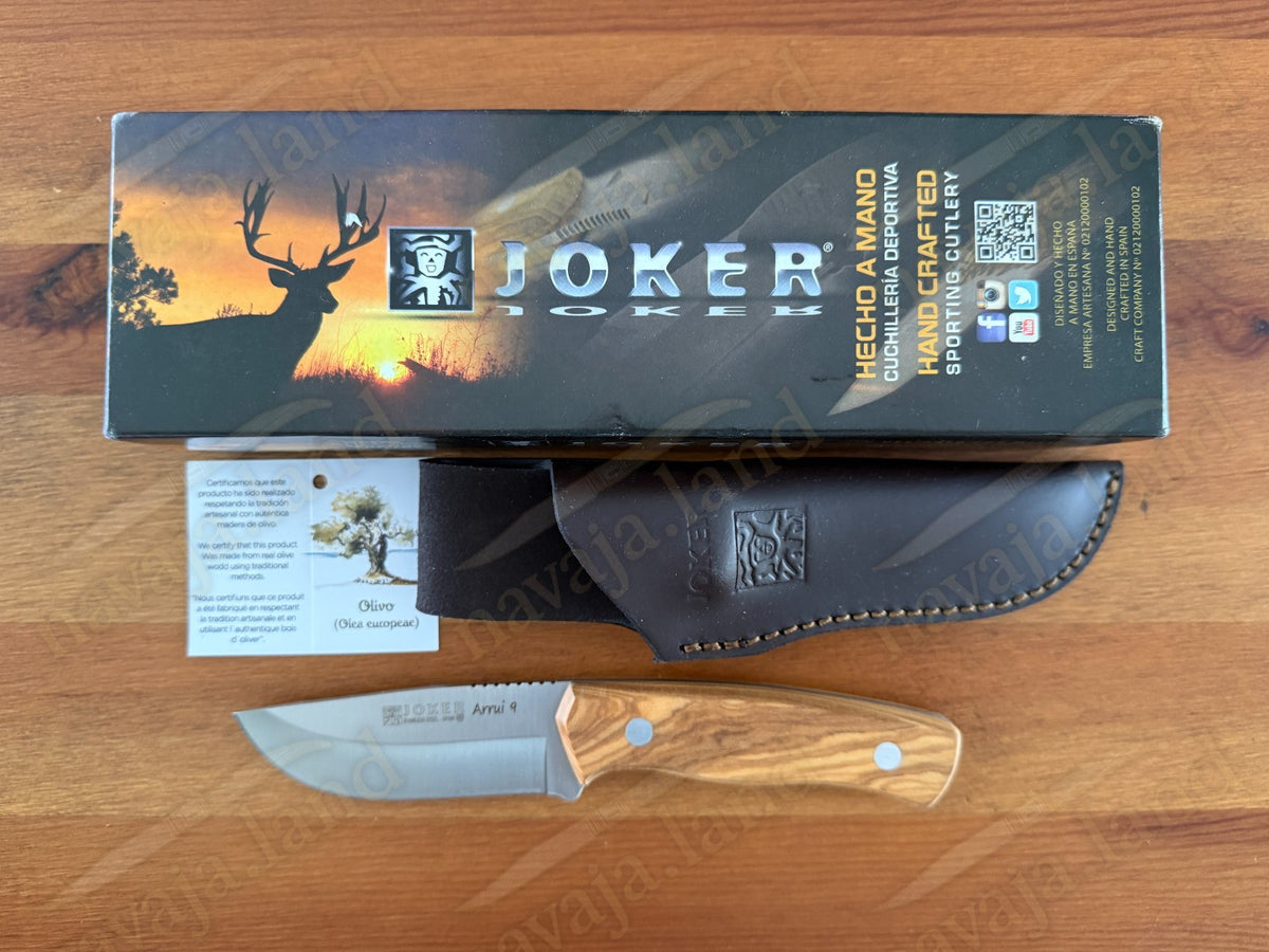 Joker Arrui 9 Outdoor Knife – 3.5” Blade | Olive Wood Handle | Leather Sheath