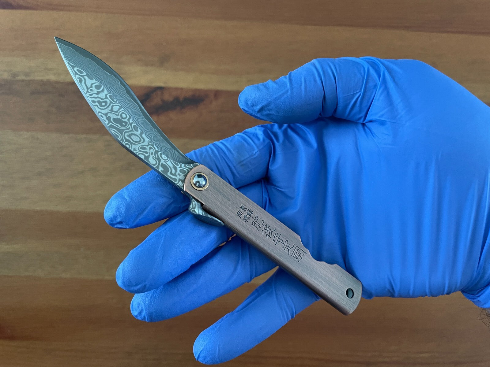 2.9" Navaja Higonokami Pocket Knife 79-layer Damascus Copper Handle with Sheath
