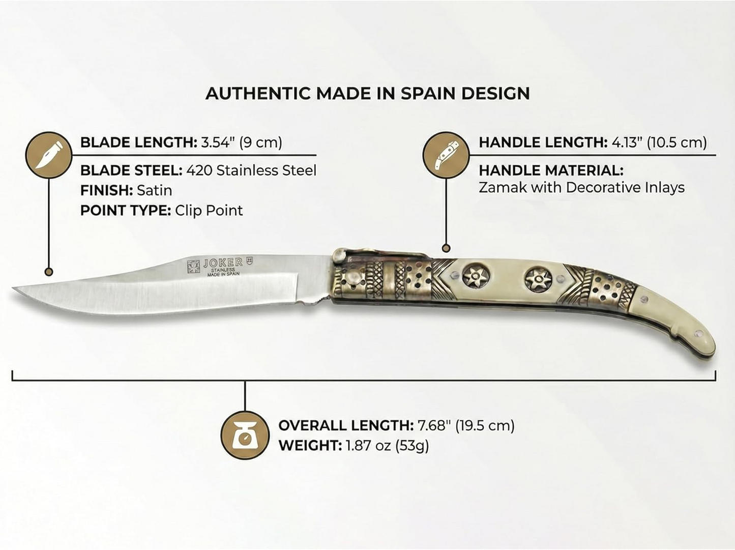3.5” Albacete Navaja Joker Arabian Knife Zamak Handle Handmade Slipjoint Spain