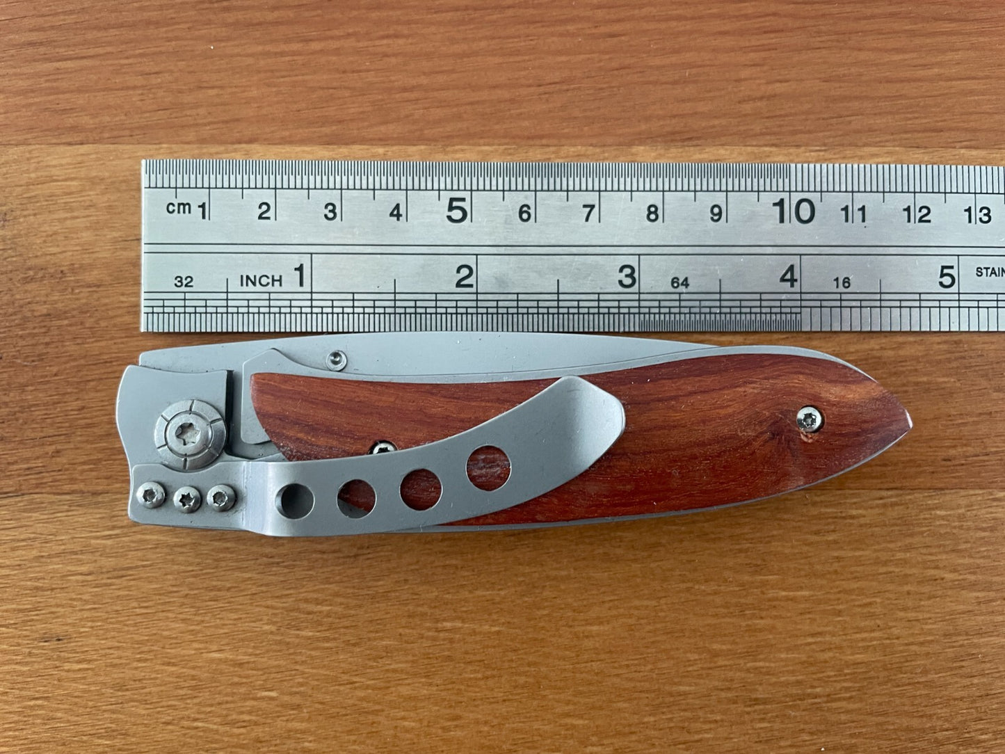 3.3" Stainless Steel Satin Blade Folding Knife Steel and Wood Handle Pocket Clip