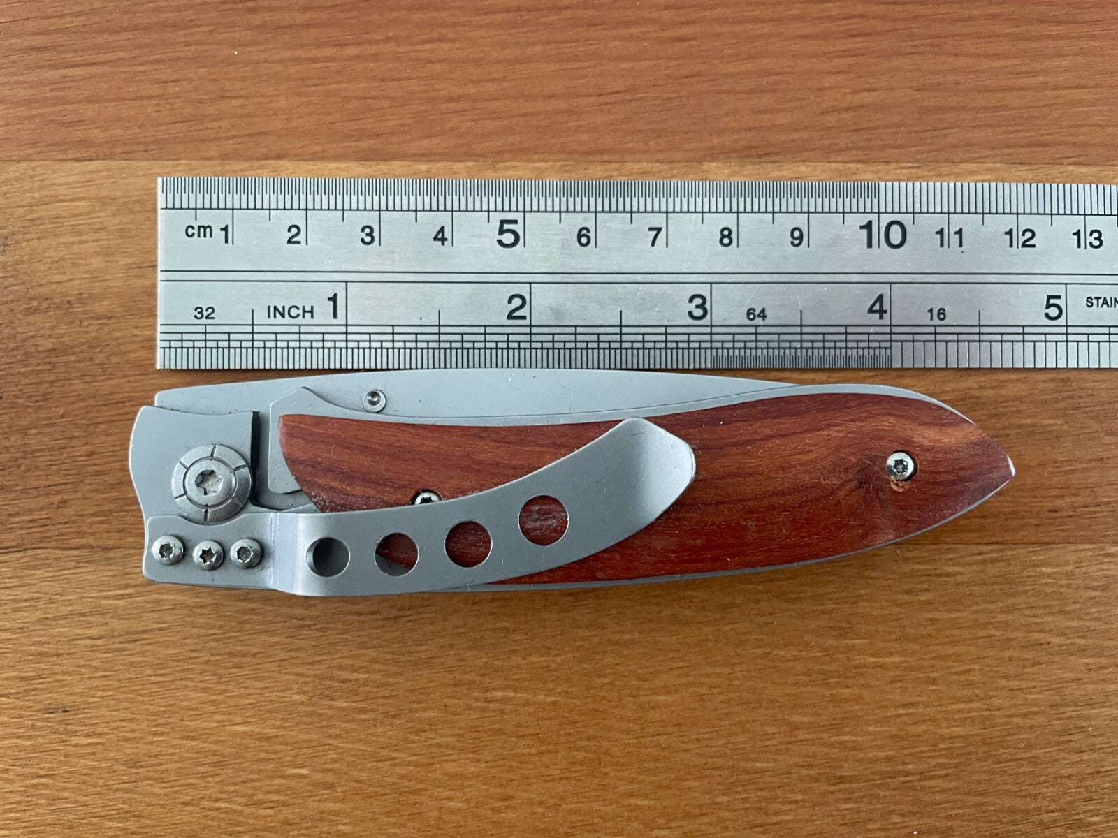 3.3" Stainless Steel Satin Blade Folding Knife Steel and Wood Handle Pocket Clip