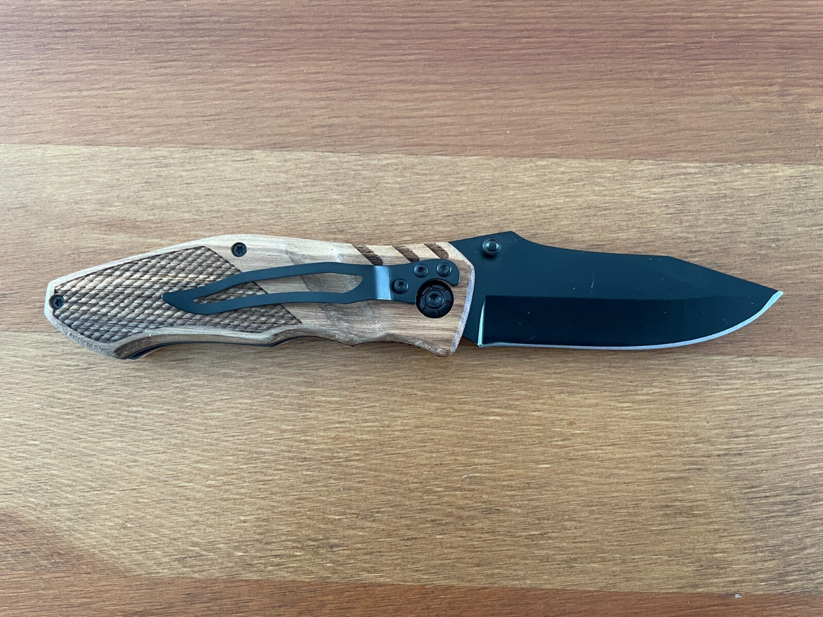 3.14" Black Stainless Steel Blade Tactical Knife Wooden Scales Pocket Clip
