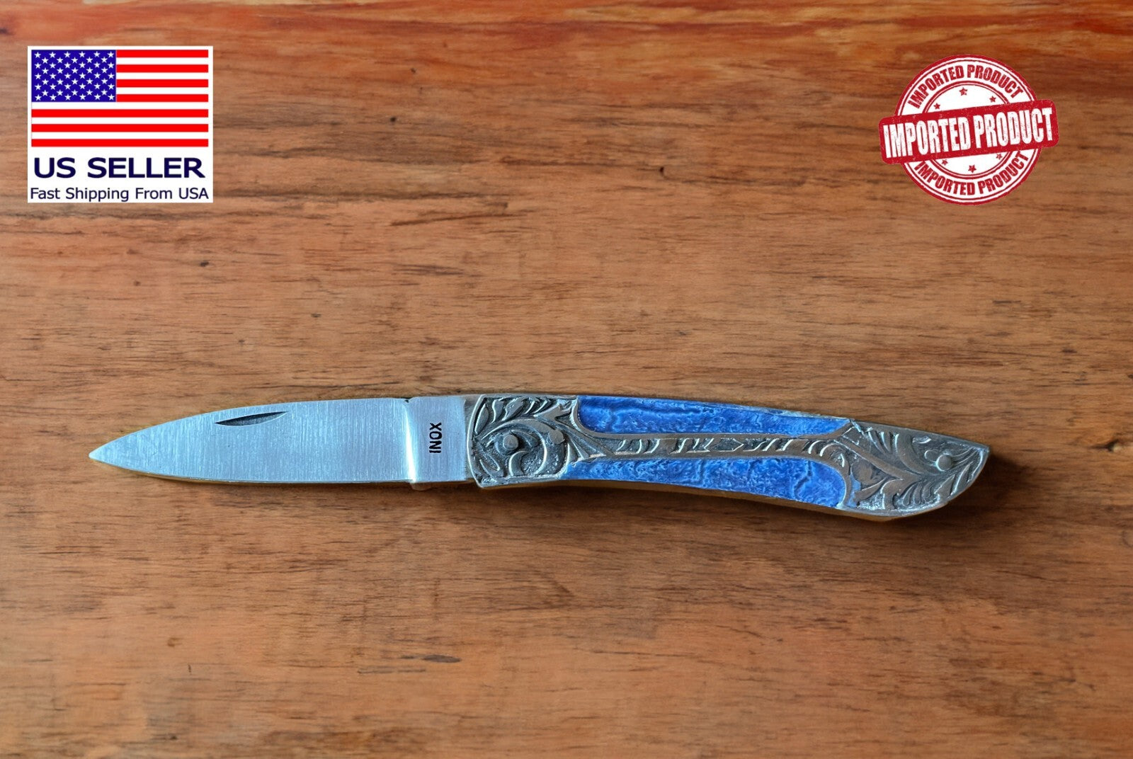 3.3” Spanish Navaja Pocket Knife Handmade Decorated Handle Blue Wood and Steel