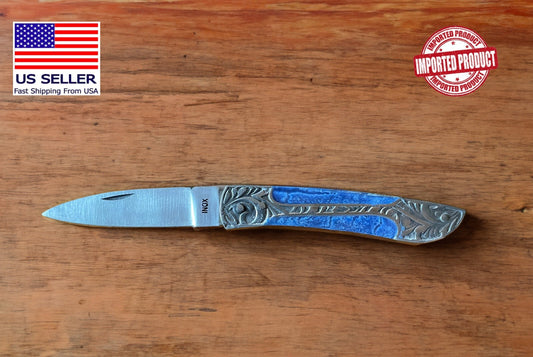 3.3” Spanish Navaja Pocket Knife Handmade Decorated Handle Blue Wood and Steel