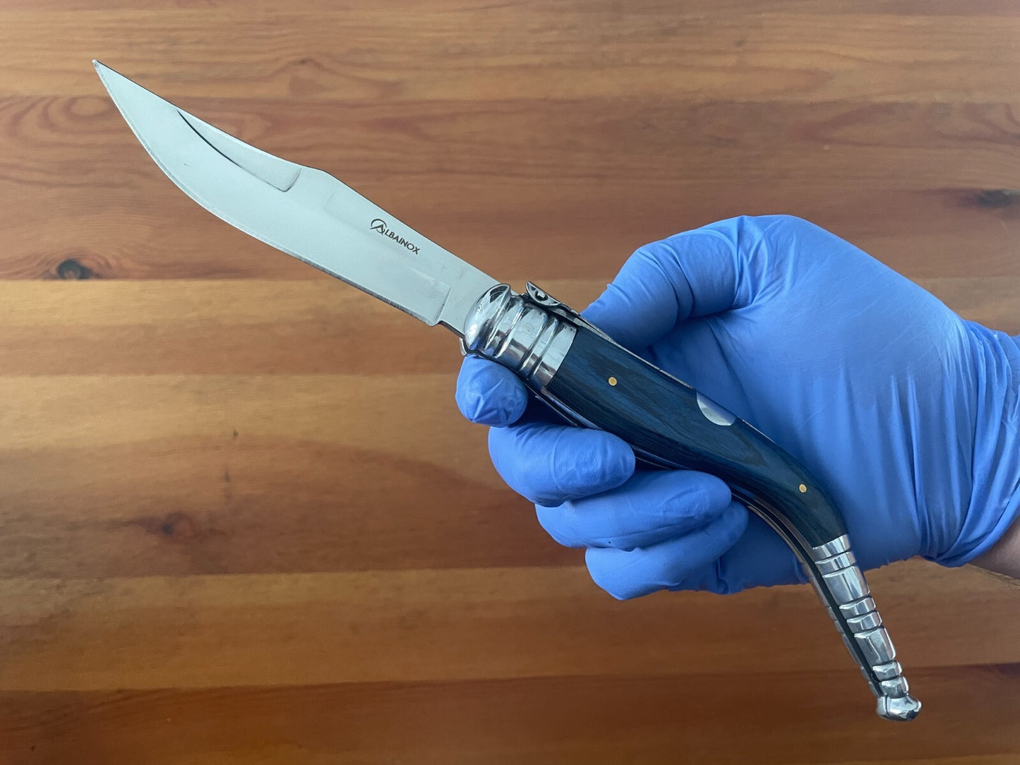 4.5" Spanish Navaja Sevillana Pocket Knife Blue Wood Stamina Scales with Ratchet