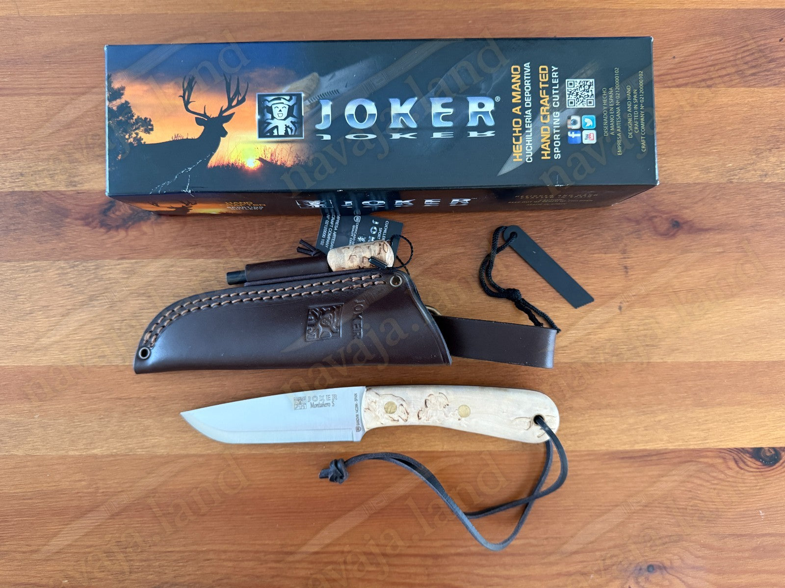 Joker Montañero Fixed Knife 4.3" Sandvik 14C28N Steel Curly Birch Handle Spain