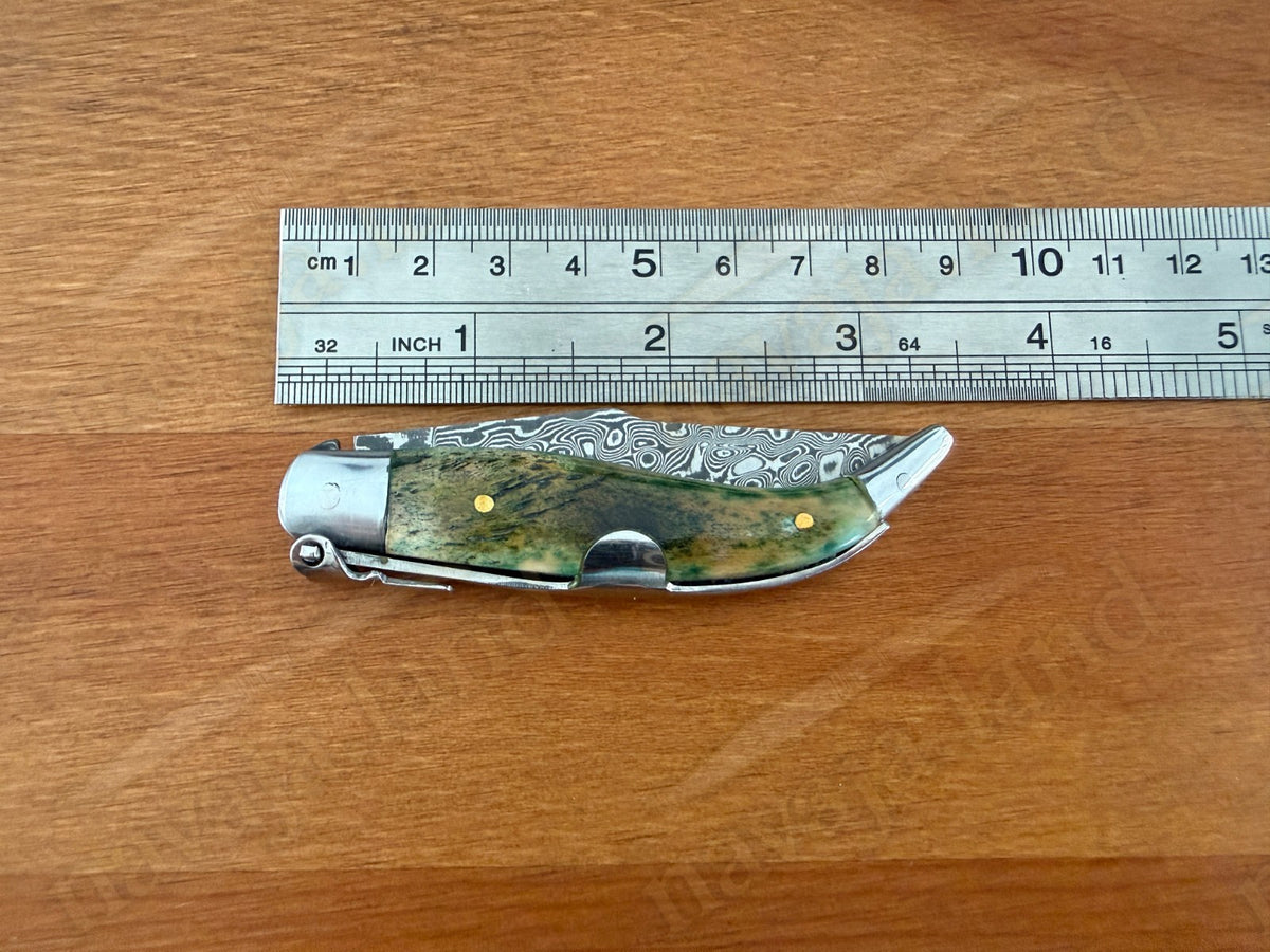 2.56” 67-Layer Damascus Blade Spanish Albacete Navaja Folding Knife Green Bone