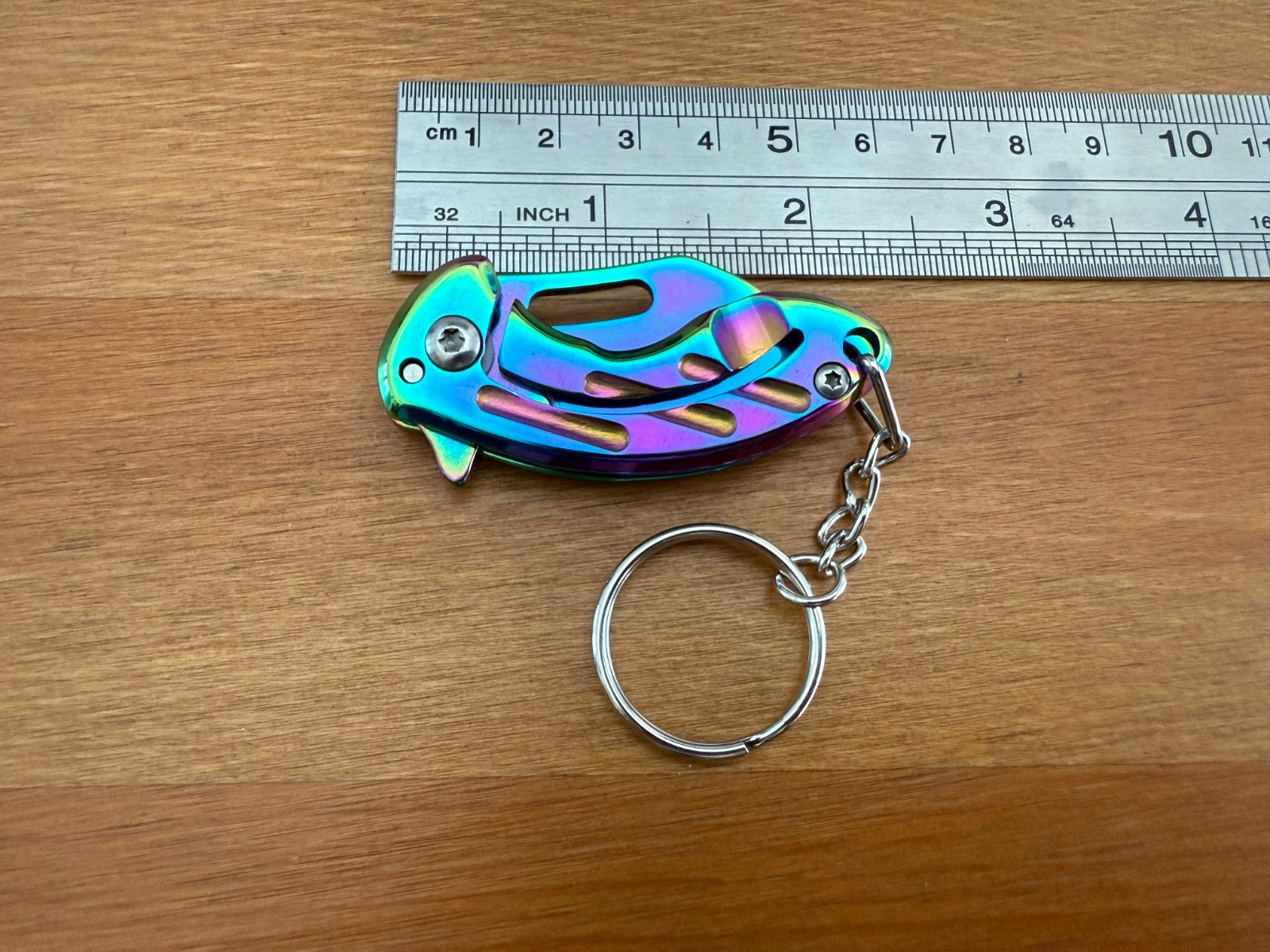 Keychain Mini Folding Knife 1.5" Steel Blade Rainbow Coated Liner Lock