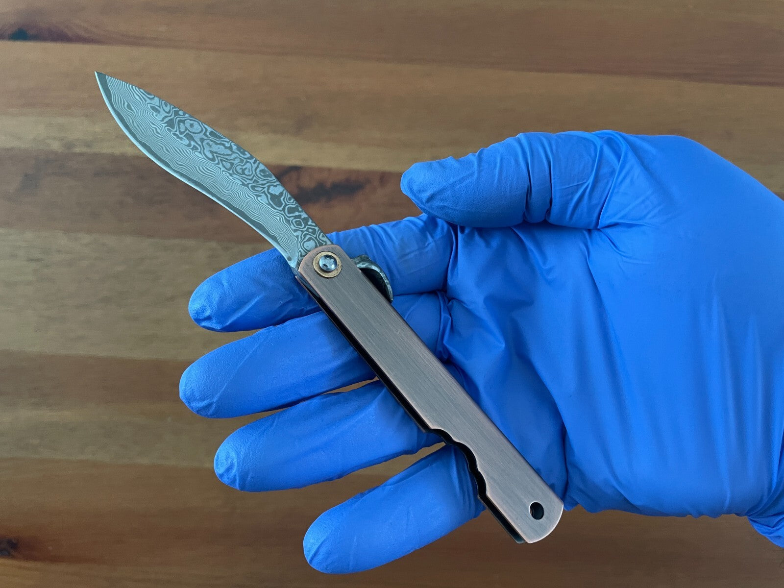 2.9" Navaja Higonokami Pocket Knife 79-layer Damascus Copper Handle with Sheath