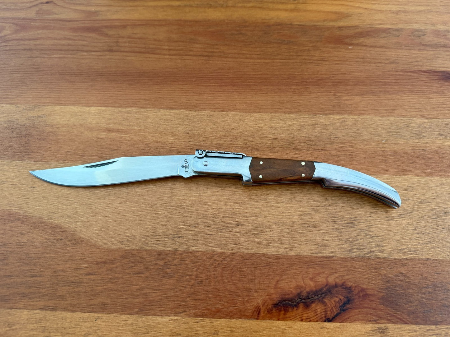 5.1" Arabian Style Navaja with Ratchet Pocket Knife Olive Wood and Steel Handle