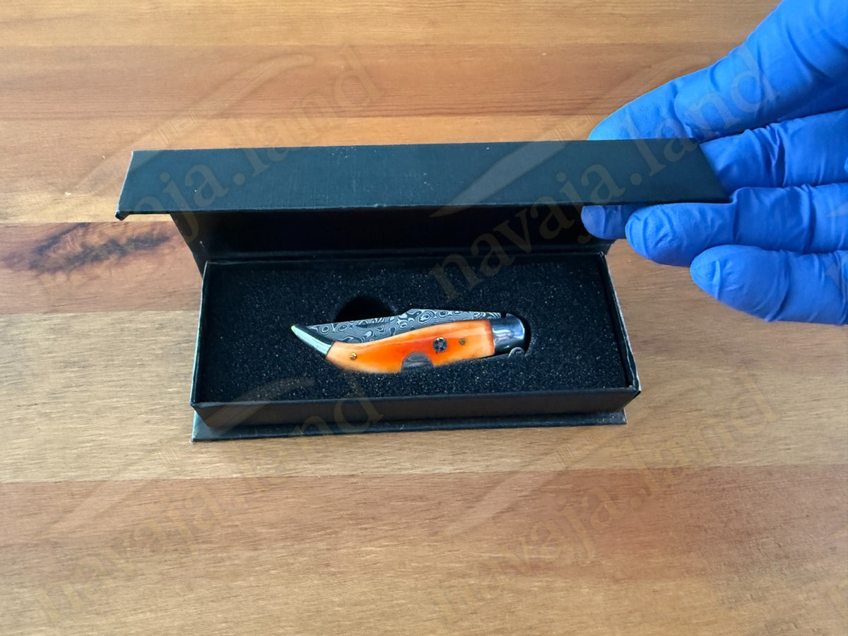2.56” 67-Layer Damascus Blade Spanish Albacete Navaja Folding Knife Orange Bone