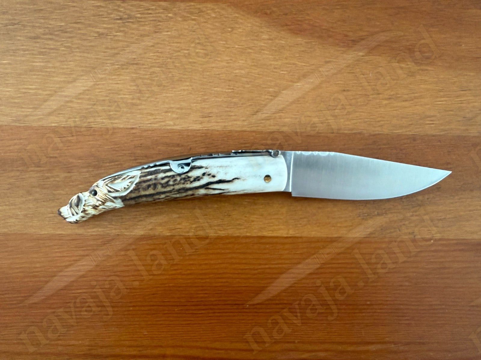 Joker Folding Knife w/ Hand Carved Wild Boar Motif Deer Antler 3.1" MOVA Steel