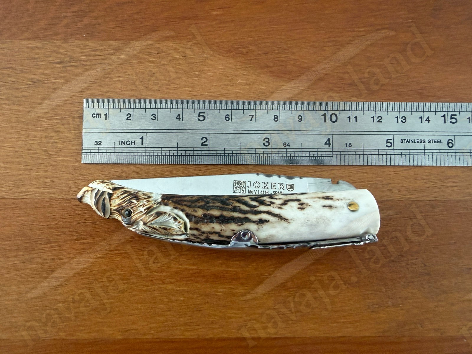 Joker Folding Knife w/ Hand Carved Wild Boar Motif Deer Antler 3.1" MOVA Steel