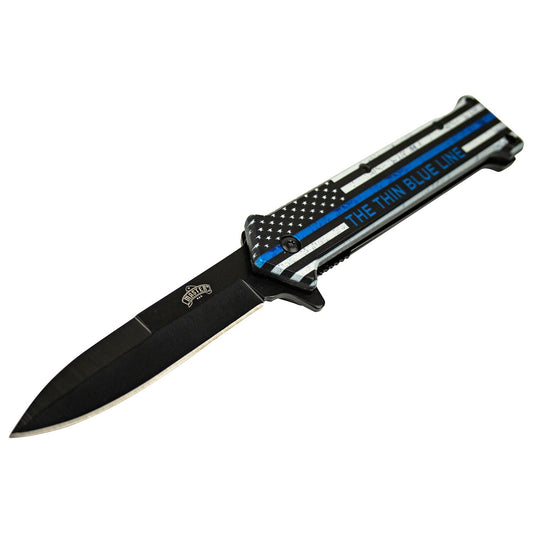 3.5" The Thin Blue Line Spring Assisted Pocket Knife Oxidized Stainless Steel