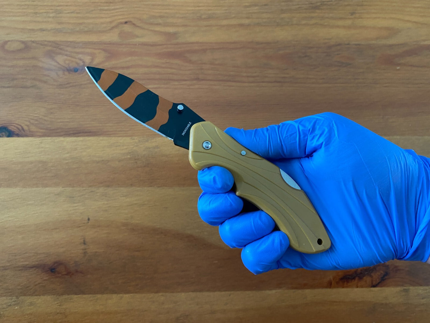 3" Stainless Blade Tactical Knife Black / Orange Blade Beige Plastic Handle