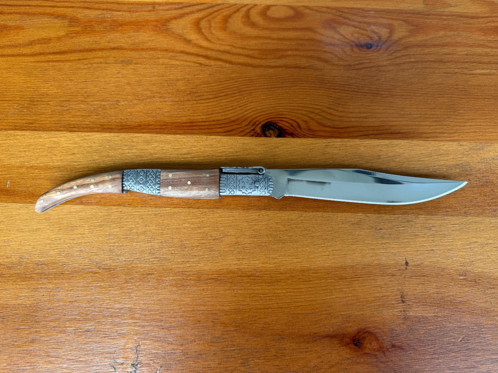 5.3" Blade Arabian Style Ratchet Navaja Knife Zebra Wood Handle Ornamented