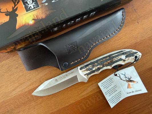 3.5" Joker Teckel Bushcraft Knife Deer Horn Handle | Full Tang | Leather Sheath