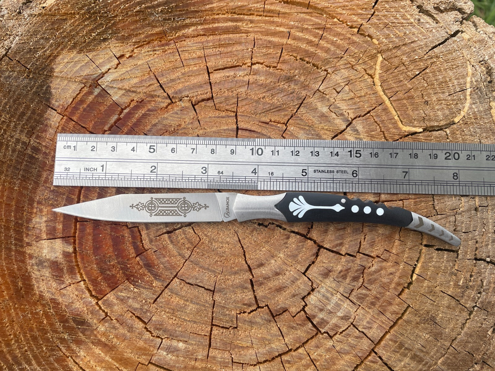 3.46" Spanish Navaja Pocket Knife Laser Decorated Blade ABS/Black Handle