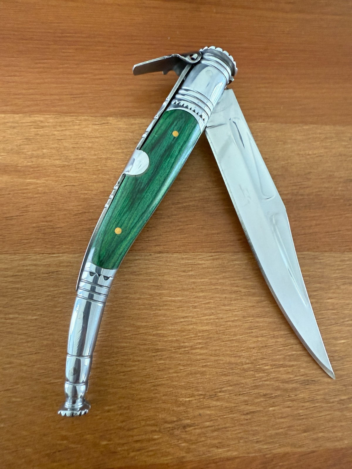 4.13” Spanish Navaja Serrana Ratchet Folding Knife Green Stamina Wood Scales