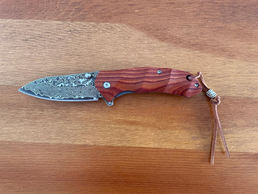 2.9” Damascus 73 Layers Navaja Pocket Knife with Wood Scales Leather Sheath