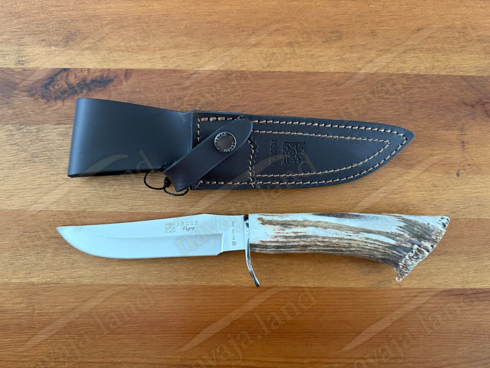 Joker Tigre Mountain Knife 5.51” MOVA Blade Stag Crown Handle Leather Sheath