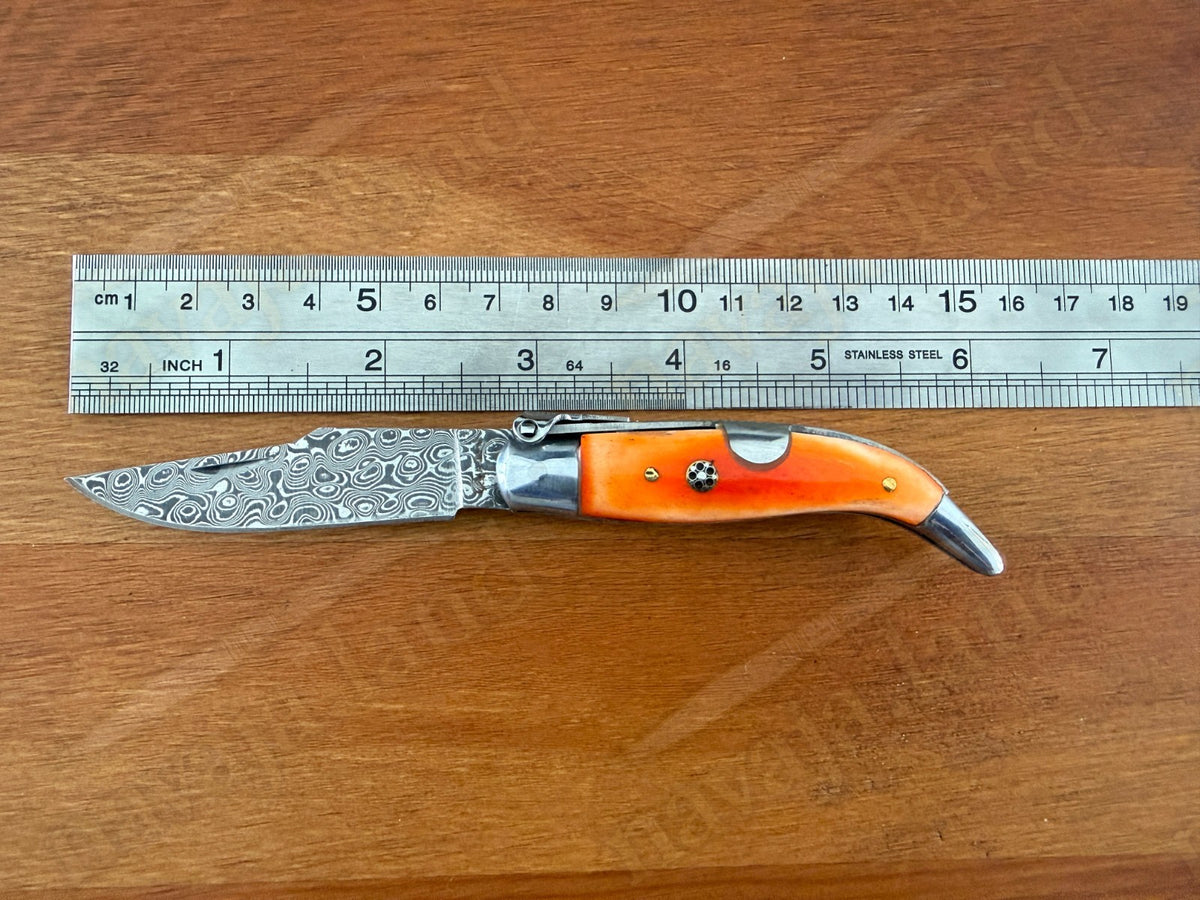 2.56” 67-Layer Damascus Blade Spanish Albacete Navaja Folding Knife Orange Bone